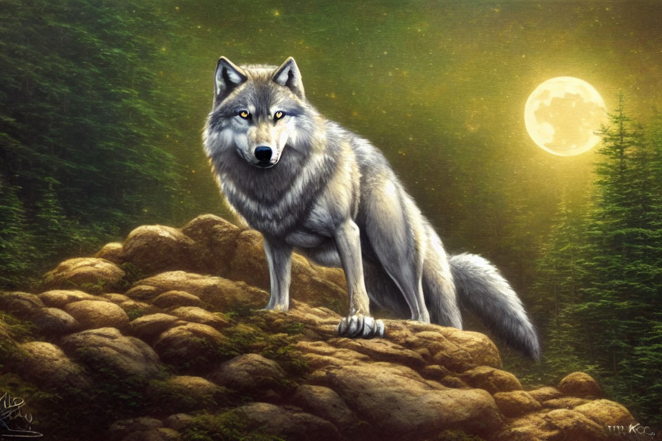 Majestic wolf on rocky outcrop in moonlit forest