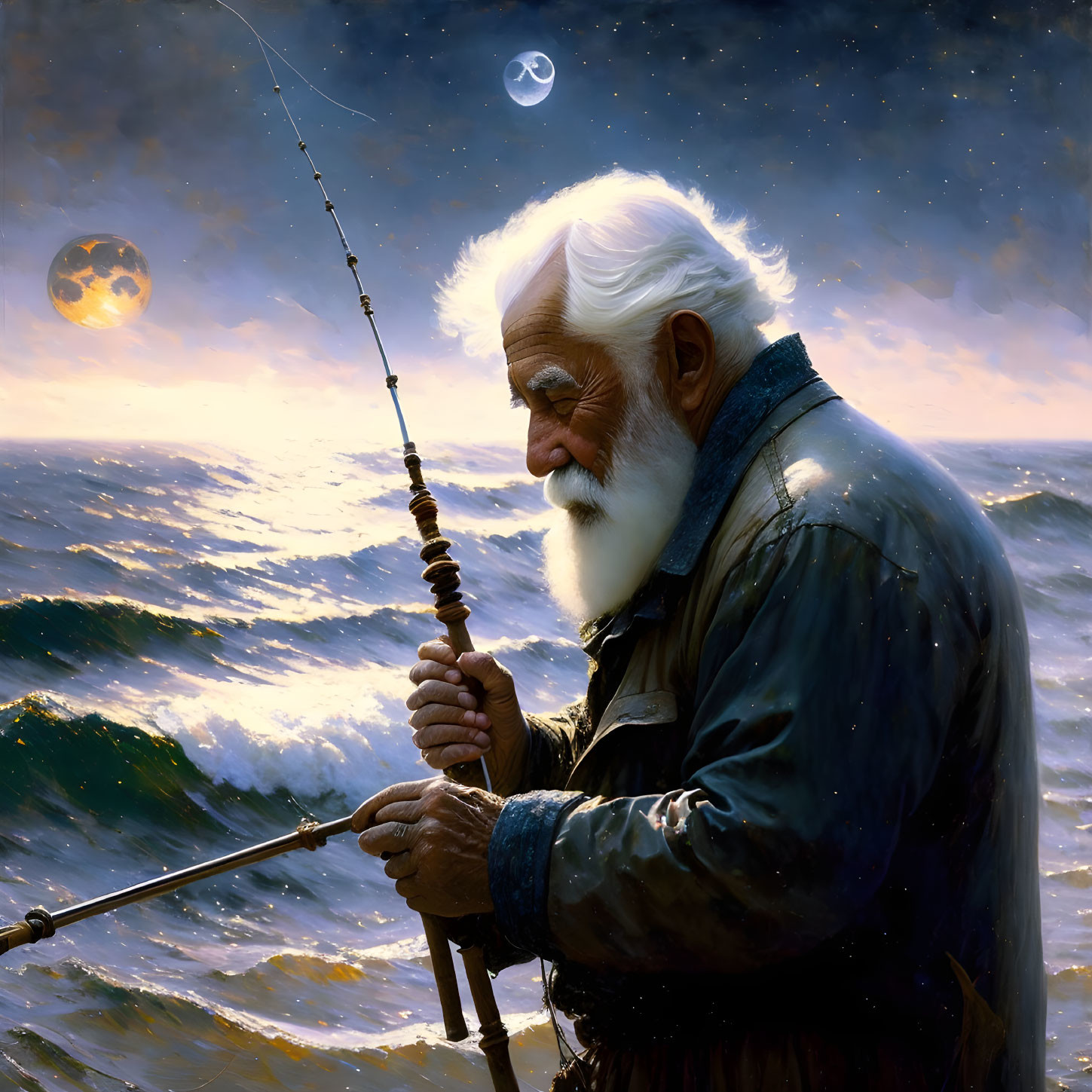 Elderly Bearded Fisherman in Tumultuous Sea with Crescent Moon and Fantasy Planet