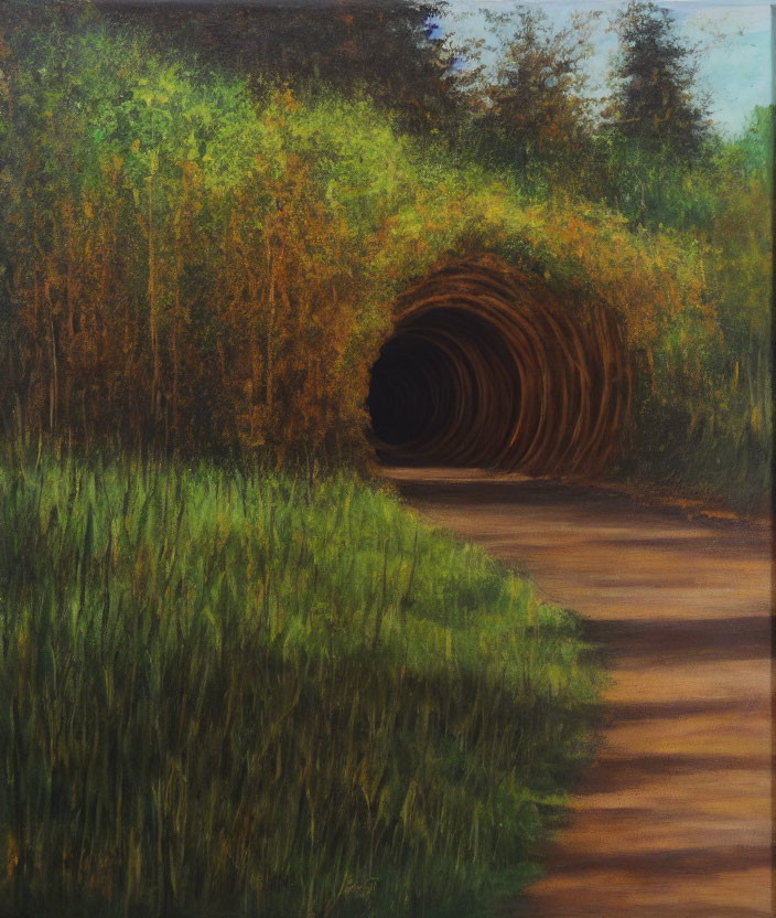 Tranquil painting of pathway to dark tunnel in lush green setting