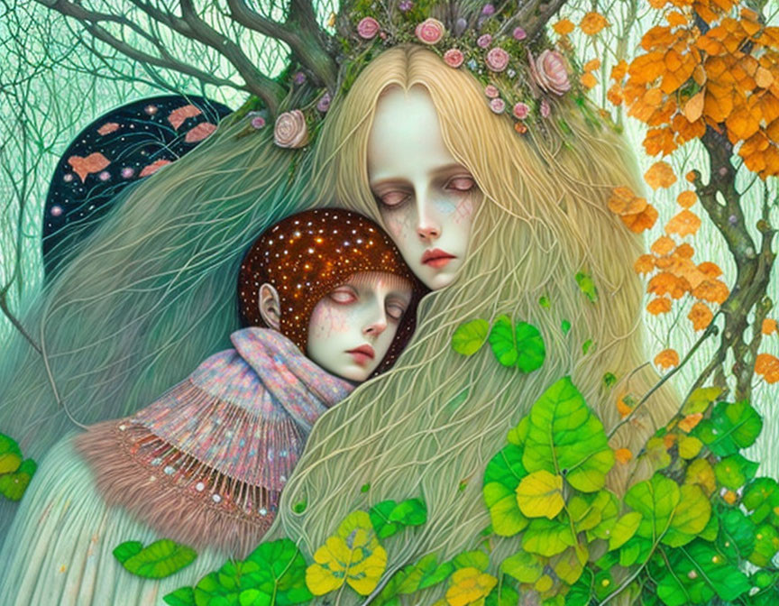 Illustration of ethereal beings embraced in lush, colorful foliage