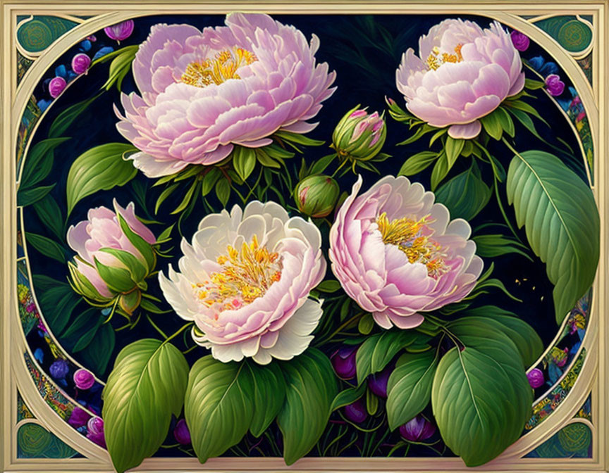 Detailed painting of vibrant pink peonies with green leaves and decorative border.