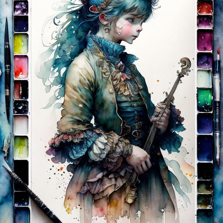 Colorful watercolor art: Person with blue hair holding a violin, surrounded by palette and brushes.