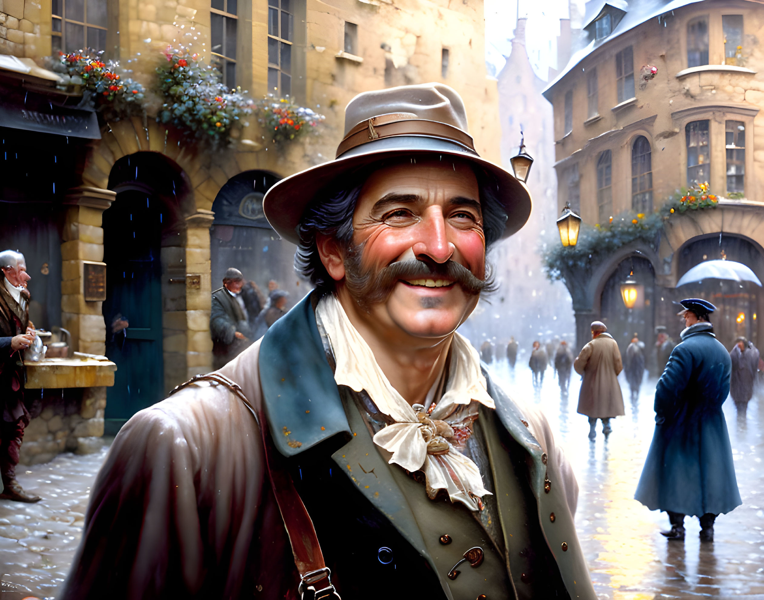 Cheerful man with mustache in hat and overcoat on festive, bustling street