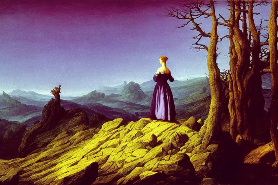 Woman in Purple Dress Contemplating Mountain Landscape