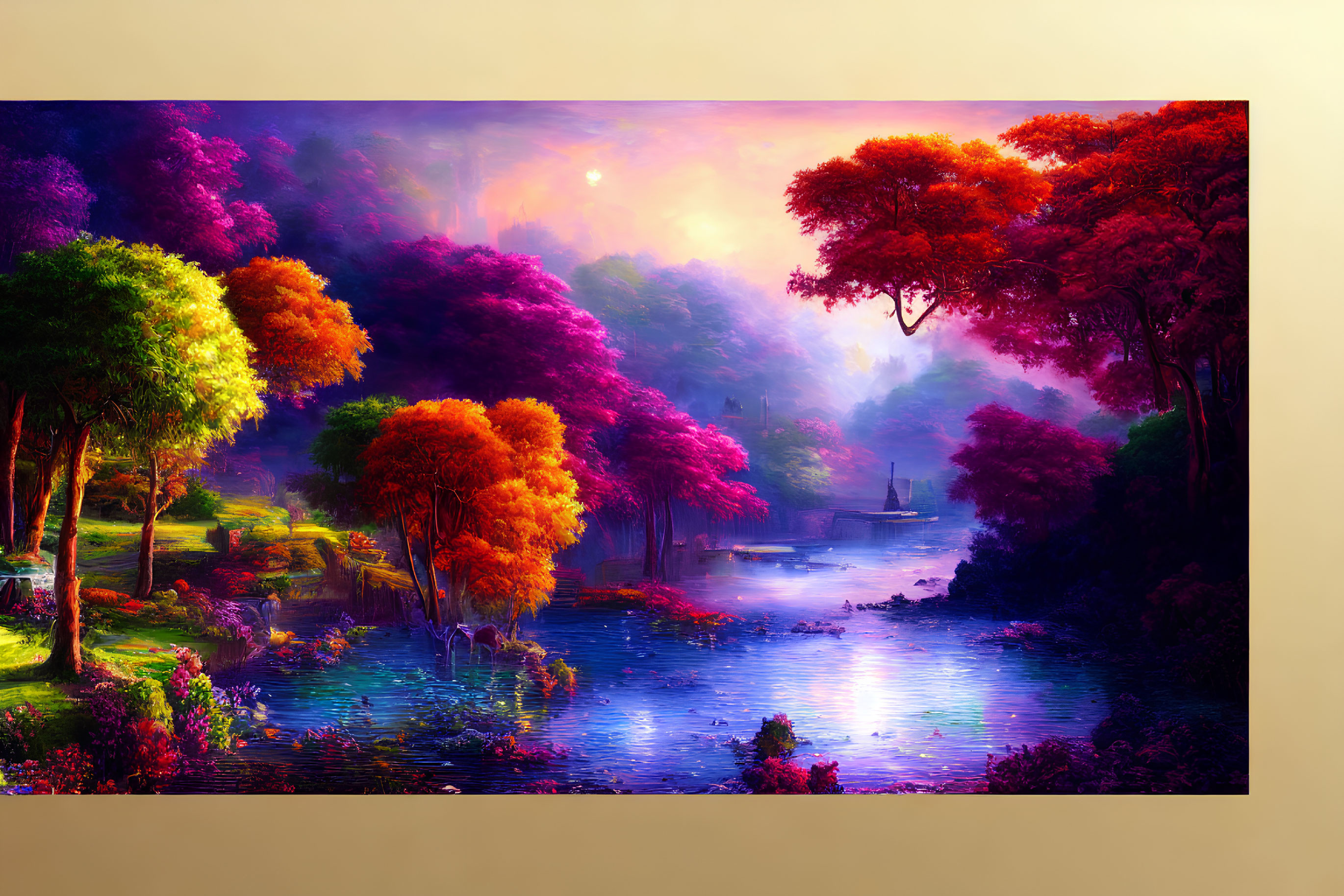 Colorful Artwork of Fantastical Landscape with River and Boat