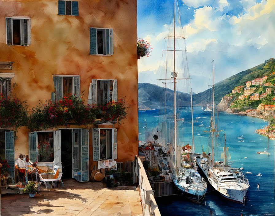 Colorful Watercolor Diptych of Coastal Town & Harbor