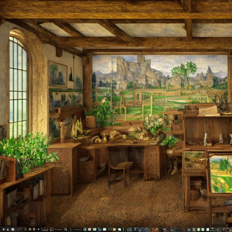 Rustic Interior with Wooden Desk, Green Plants, Botanical Illustrations, and Pastoral View