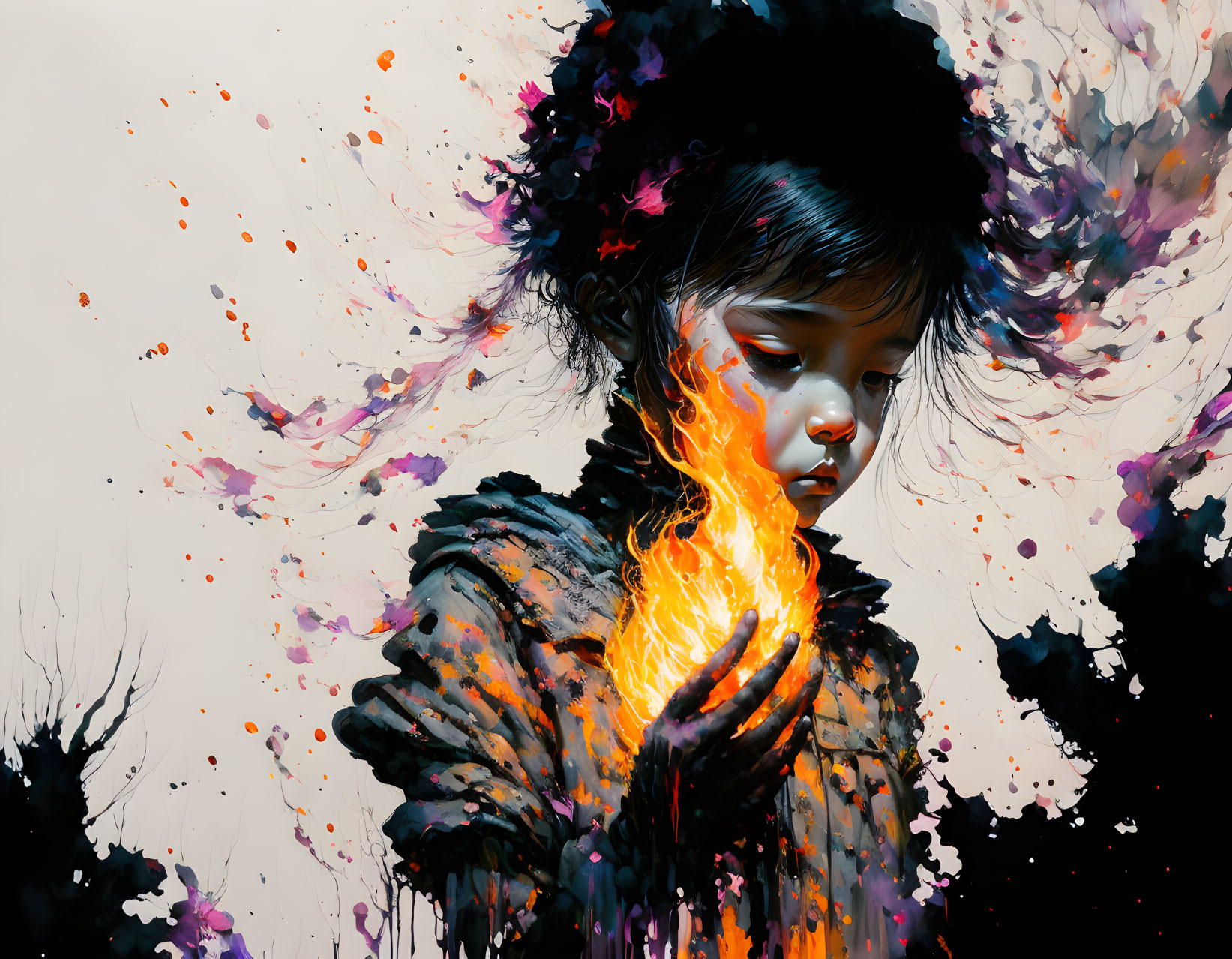 Child holding bright flame surrounded by colorful paint splashes