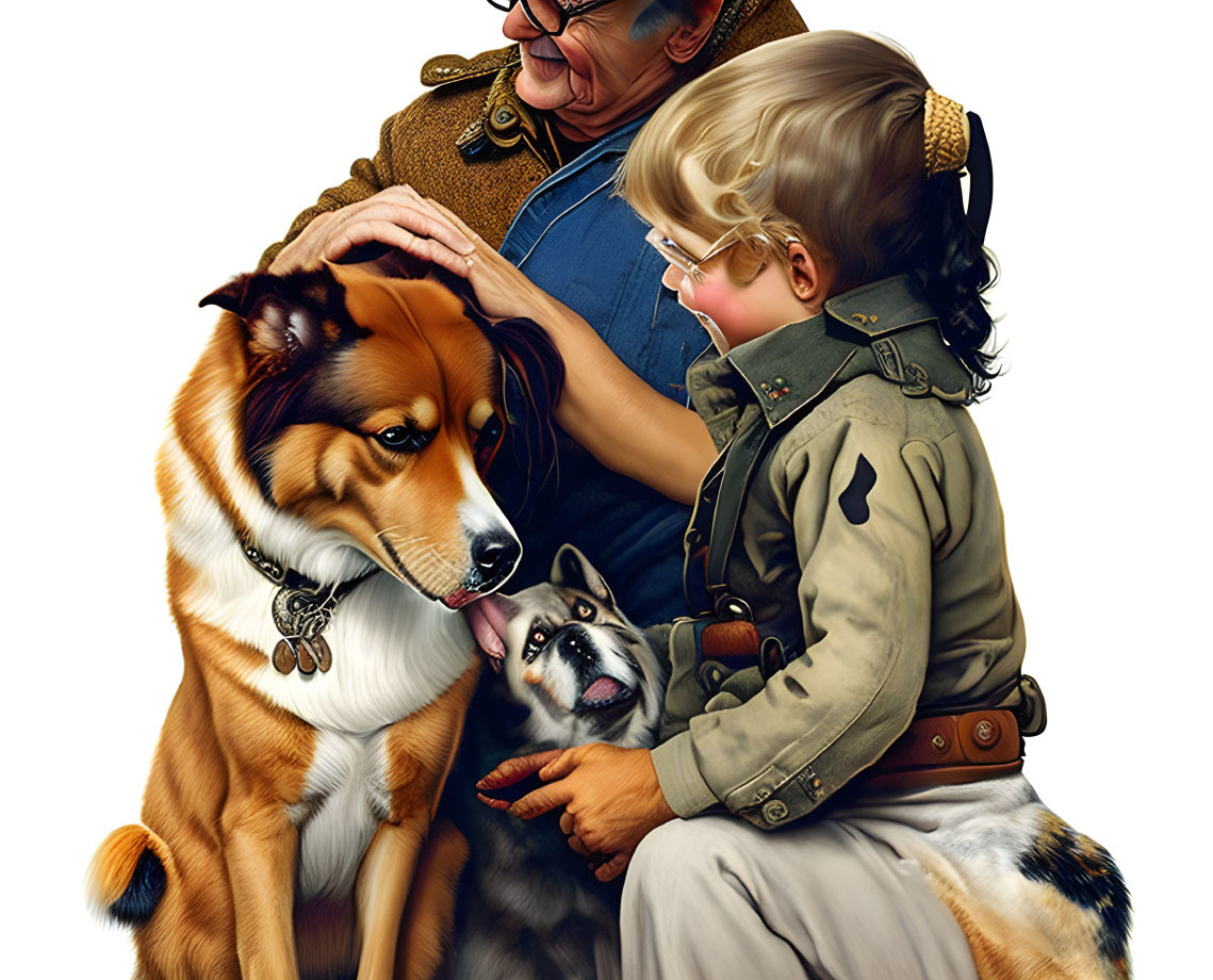 Elderly person and child pet two dogs: large brown and white, smaller with black mask