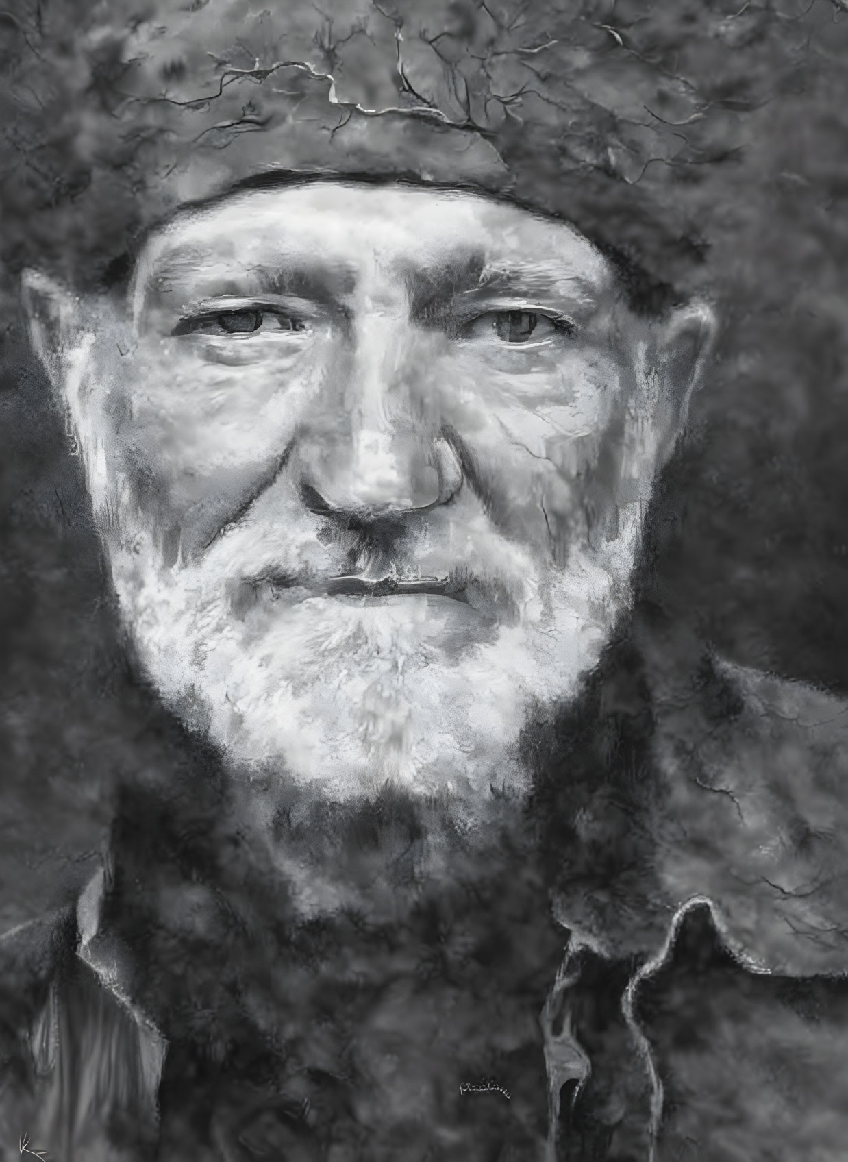 Monochrome portrait of a man with cap, beard, and smile