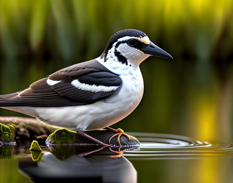 Pied wagtail perched on rock by calm water