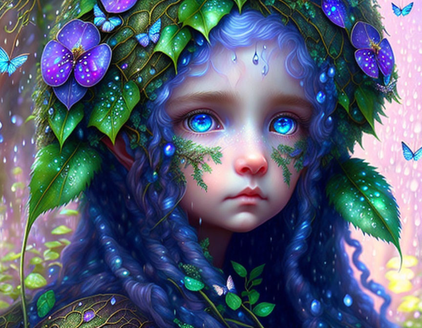 Child with Blue Hair and Leafy Crown Surrounded by Butterflies