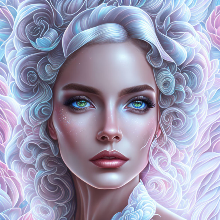 Digital Artwork: Woman with Blue Eyes and Floral Cosmos Design