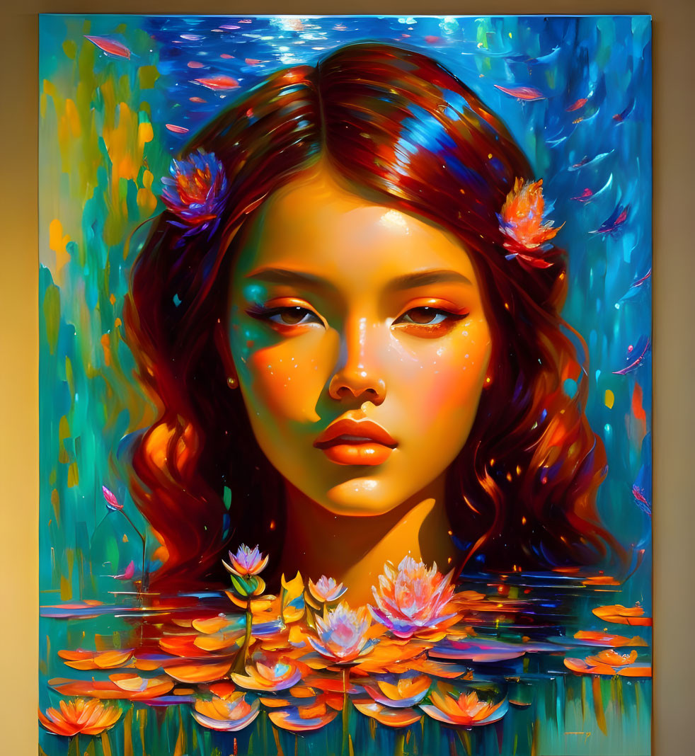 Colorful Painting of Woman with Red Hair and Lotus Flowers