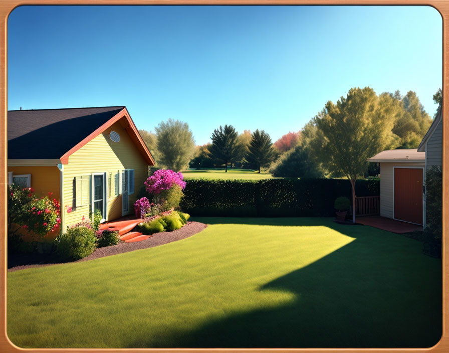 Well-kept suburban house with blooming garden on sunny day