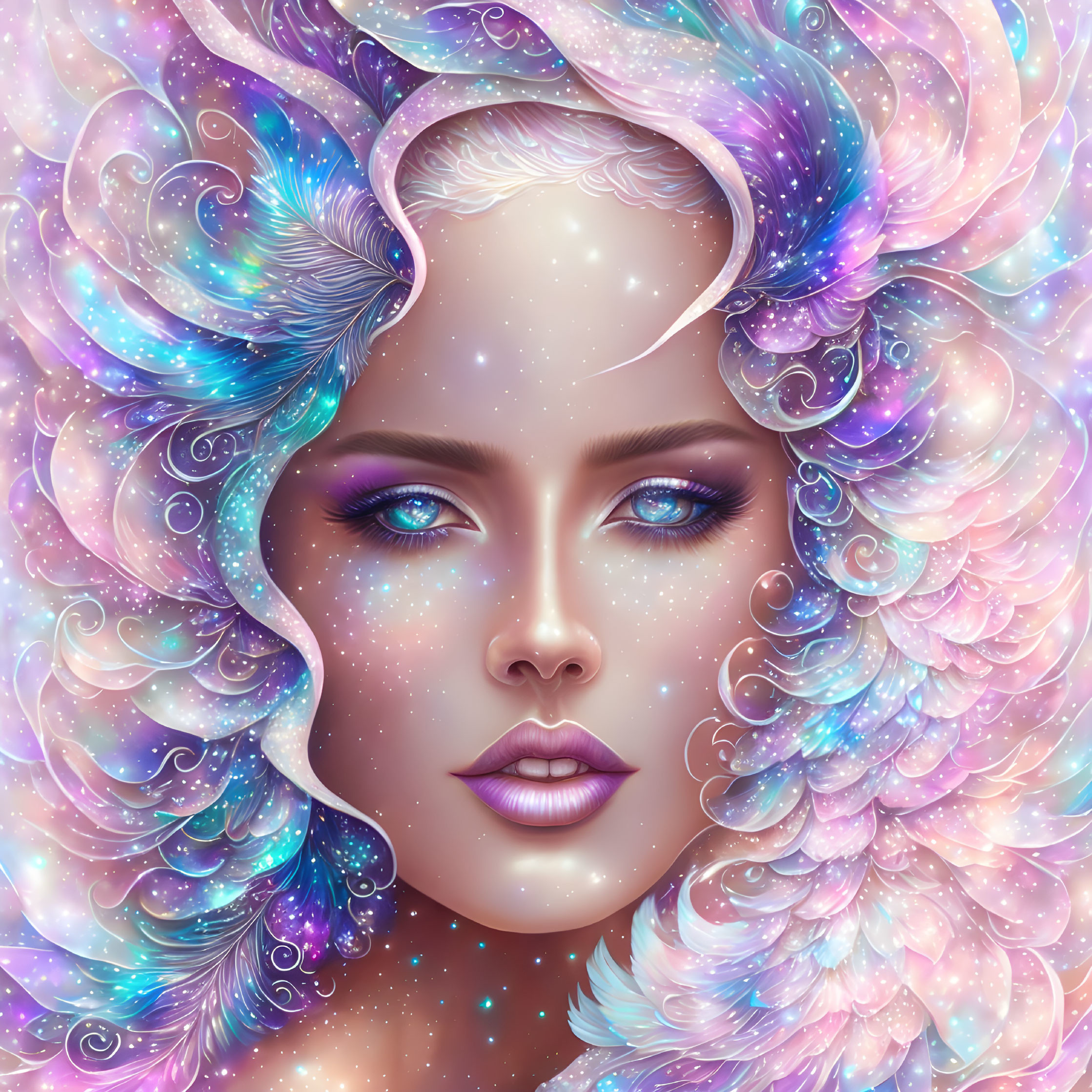 Portrait of a woman with galaxy-themed makeup and hair swirling into cosmic stars and feathers in pastel colors