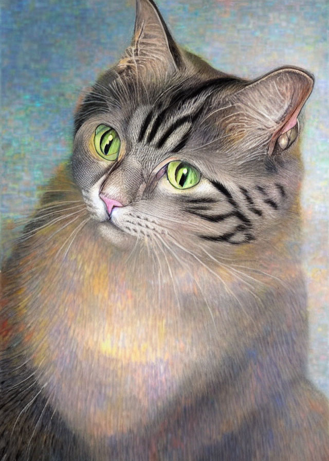 Striped Tabby Cat with Green Eyes on Colorful Background