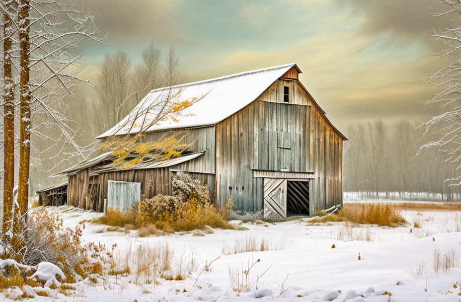 Snow-covered landscape with rustic old barn and frost-coated trees