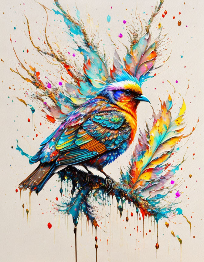 Colorful Bird Painting with Dynamic Feathers and Vibrant Hues