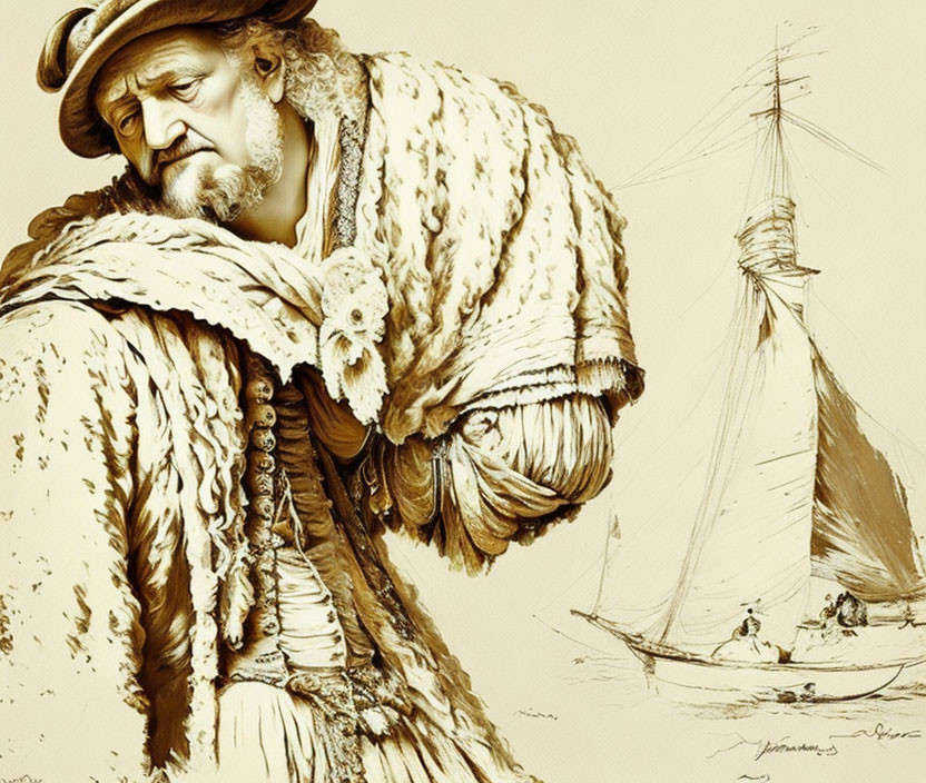 Detailed Artwork of Pensive Sailor in Historical Attire with Sailboat Background