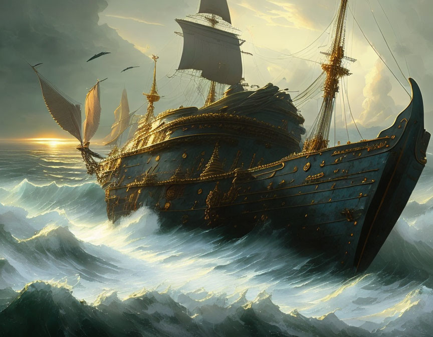 Majestic ship sailing through tumultuous waves at sunset