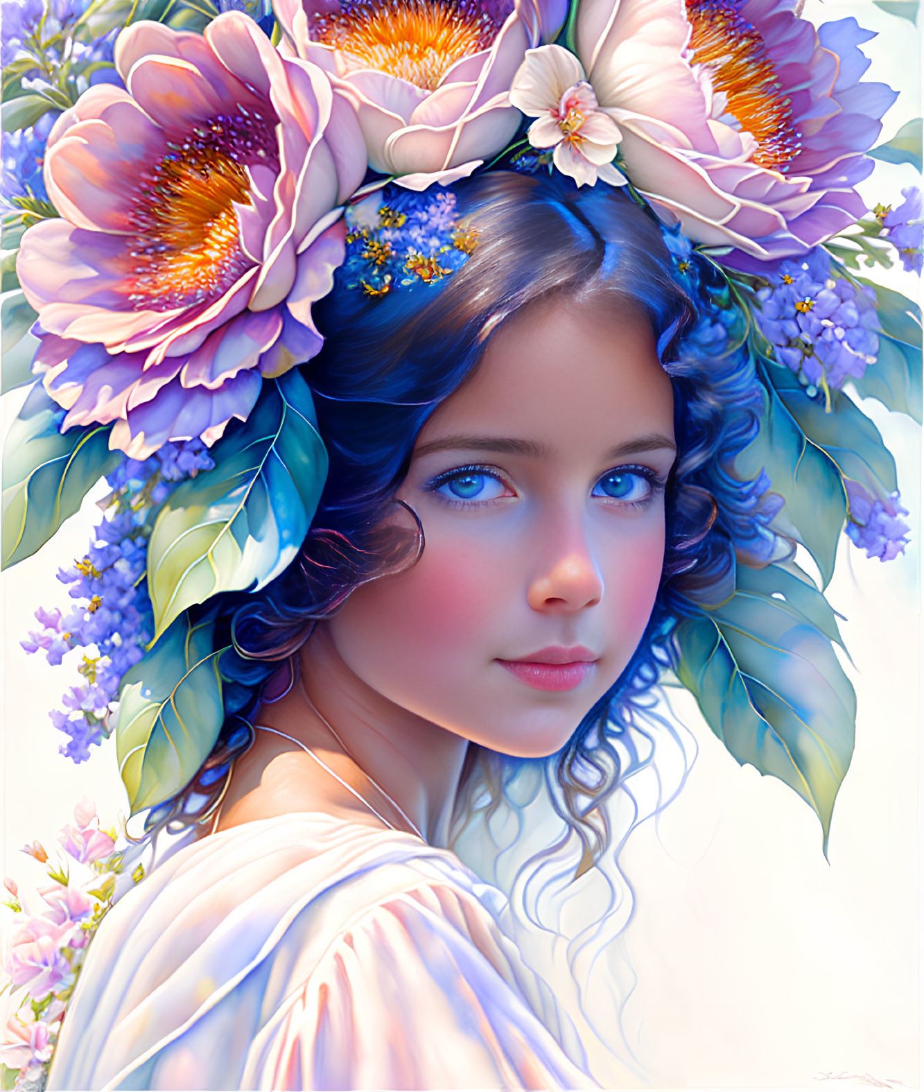 Portrait of young woman with blue hair and vibrant floral wreath of purple and blue flowers