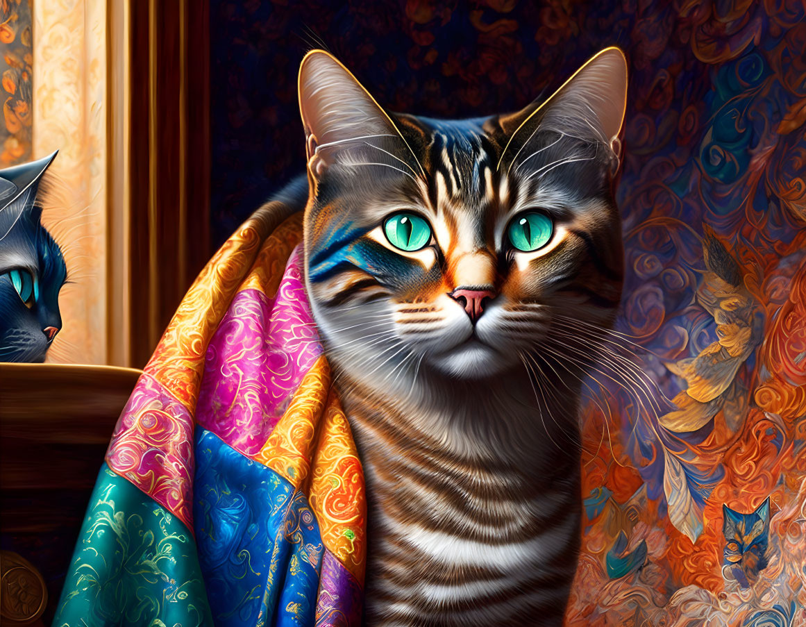 Realistic Tabby Cat Artwork with Turquoise Eyes and Blue Silhouette on Vibrant Drap