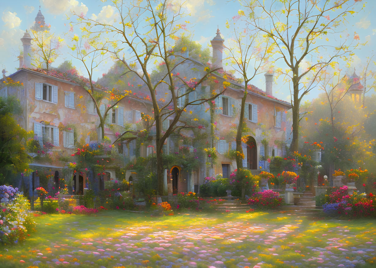 Tranquil painting of sunlit villa and lush gardens