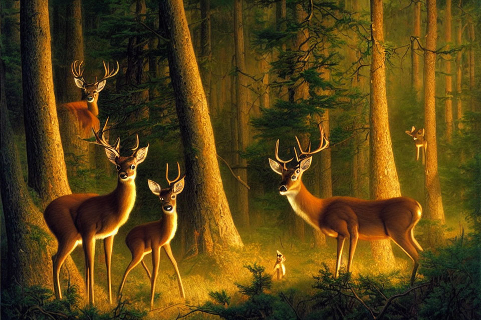 Ethereal deer in serene forest under golden light