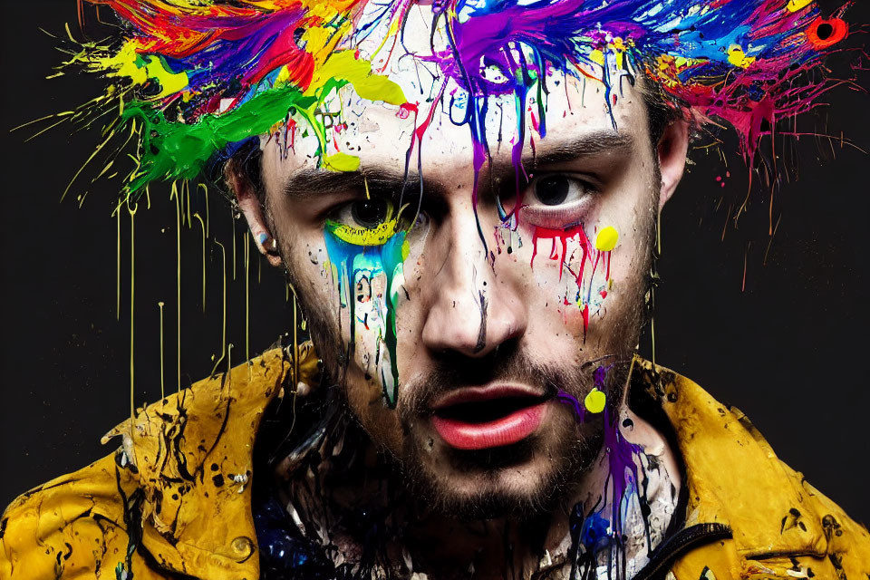 Bearded man splattered with multicolored paint on dark background