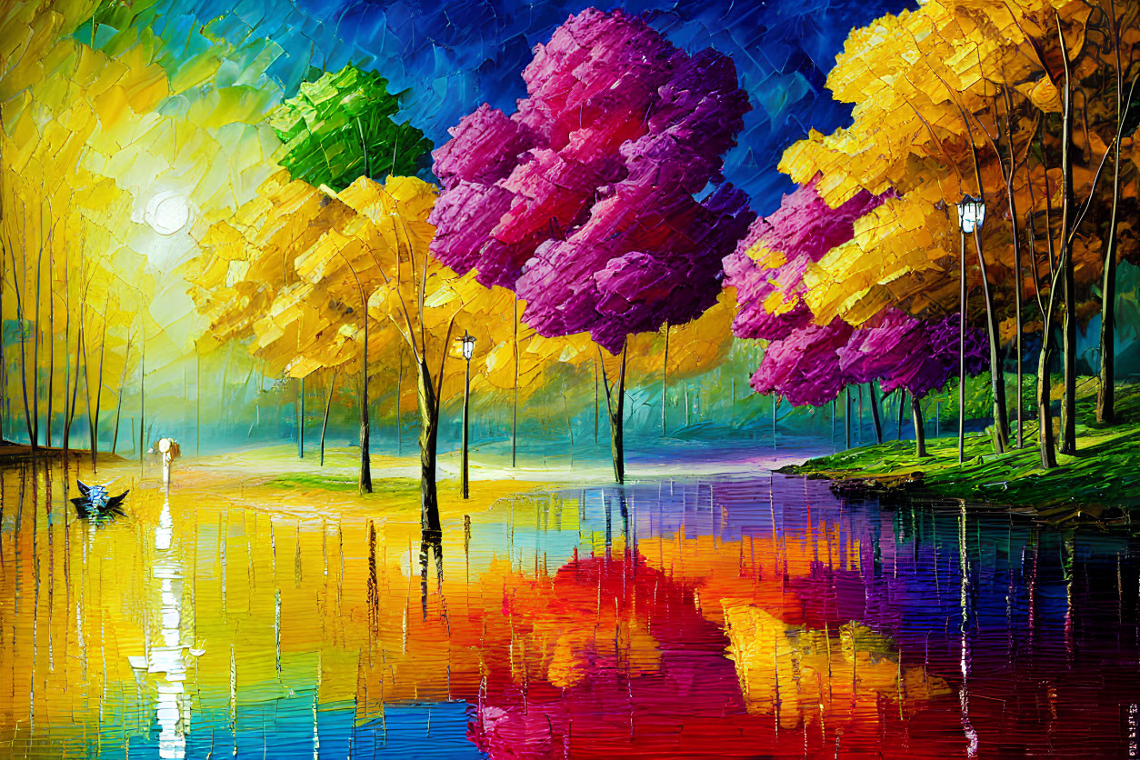 Colorful Park Painting with Trees, Lake, Boat, Lamps, and Figure in Impasto Style