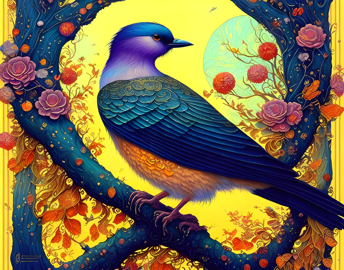 Colorful bird on golden branch with floral backdrop and yellow moon