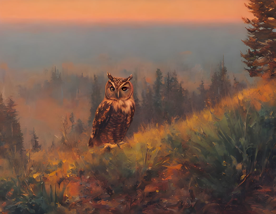 Owl perched in forest clearing at dusk with warm orange hues