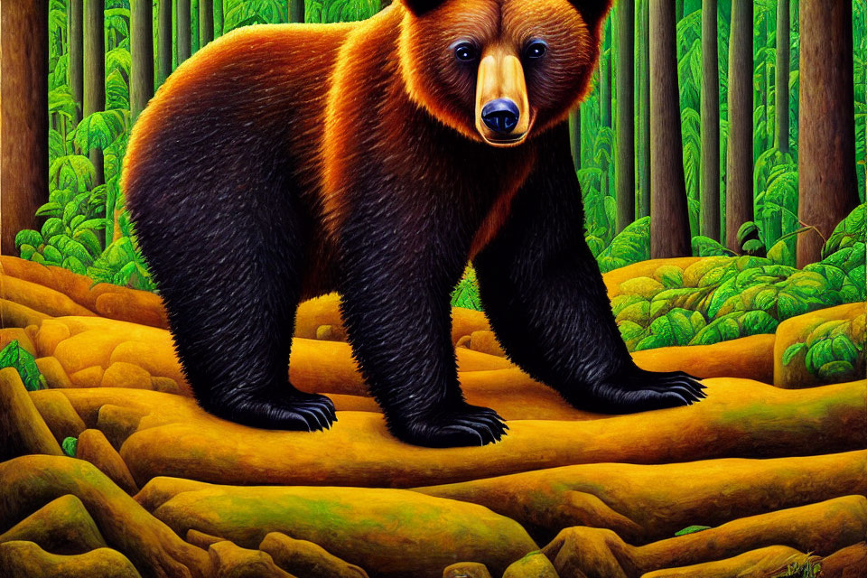 Detailed illustration of intense bear in lush forest