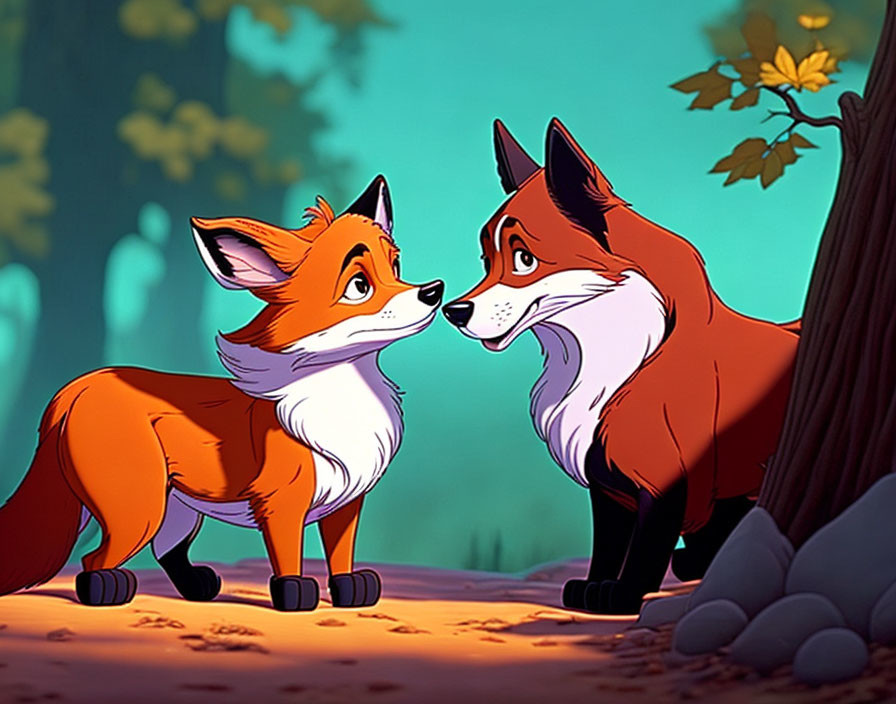 Animated foxes in forest under warm light.