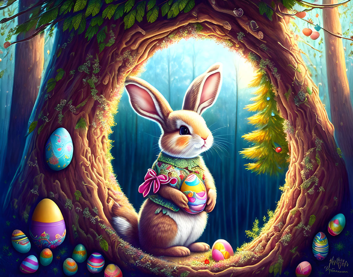 Vibrant Easter rabbit in tree hollow with painted eggs in enchanted forest