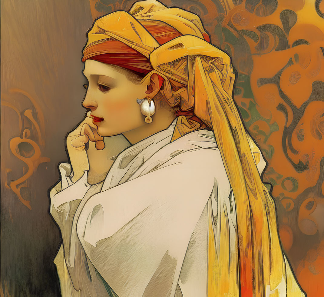 Pensive woman in golden headscarf and white garment with elegant earrings against ornate background