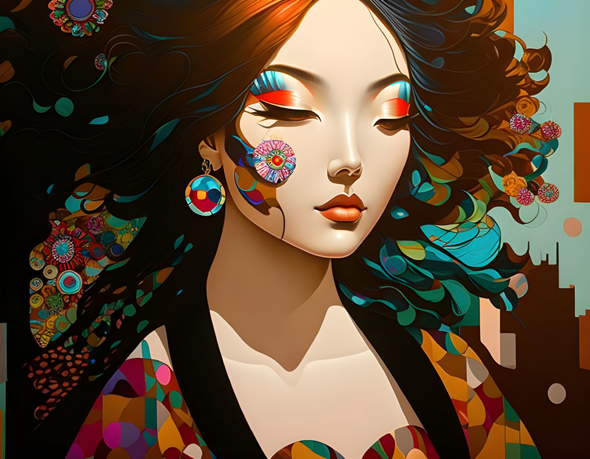 Colorful portrait of woman with dark hair and intricate makeup against abstract backdrop