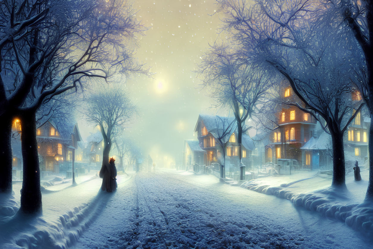 Snowy Street with Glowing Houses and Bare Trees at Twilight