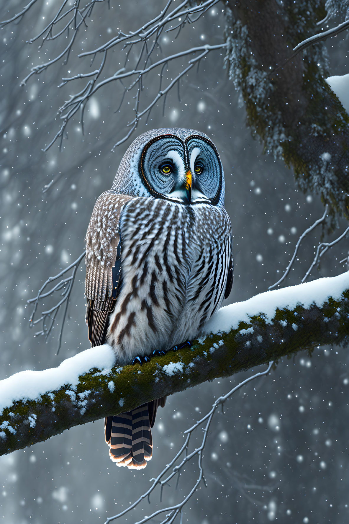 Great Grey Owl Perched on Snowy Branch in Wintry Forest