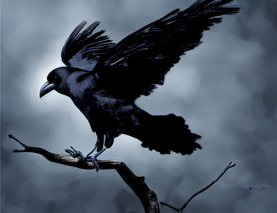 Black raven perched on branch in digital painting