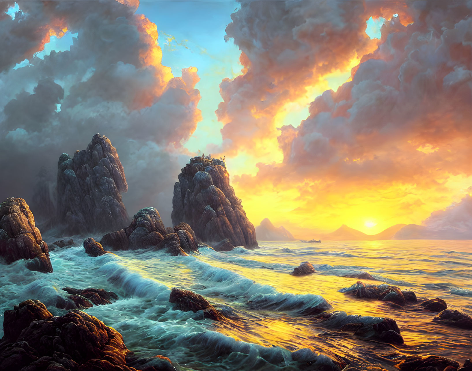 Vivid sunset over rough sea with crashing waves and jagged cliffs