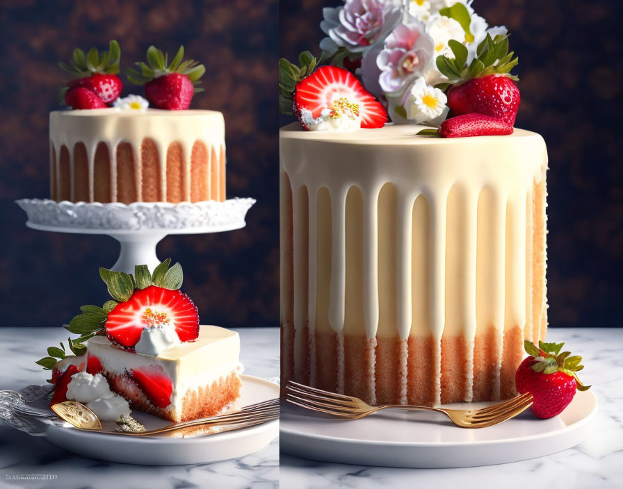 Two-tiered cake with white icing, drippings, strawberries, and flowers on a plate with