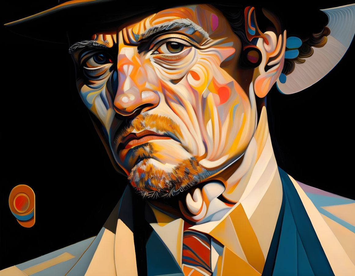 Vibrant Cubist-style painting of stern-faced man with hat