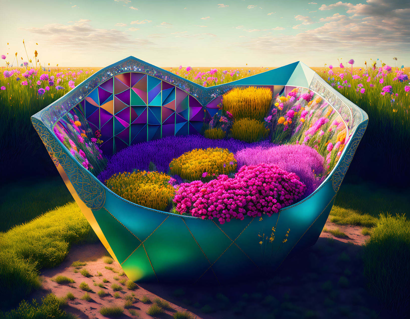 Colorful Origami-Style Boat with Flowers on Grassy Field