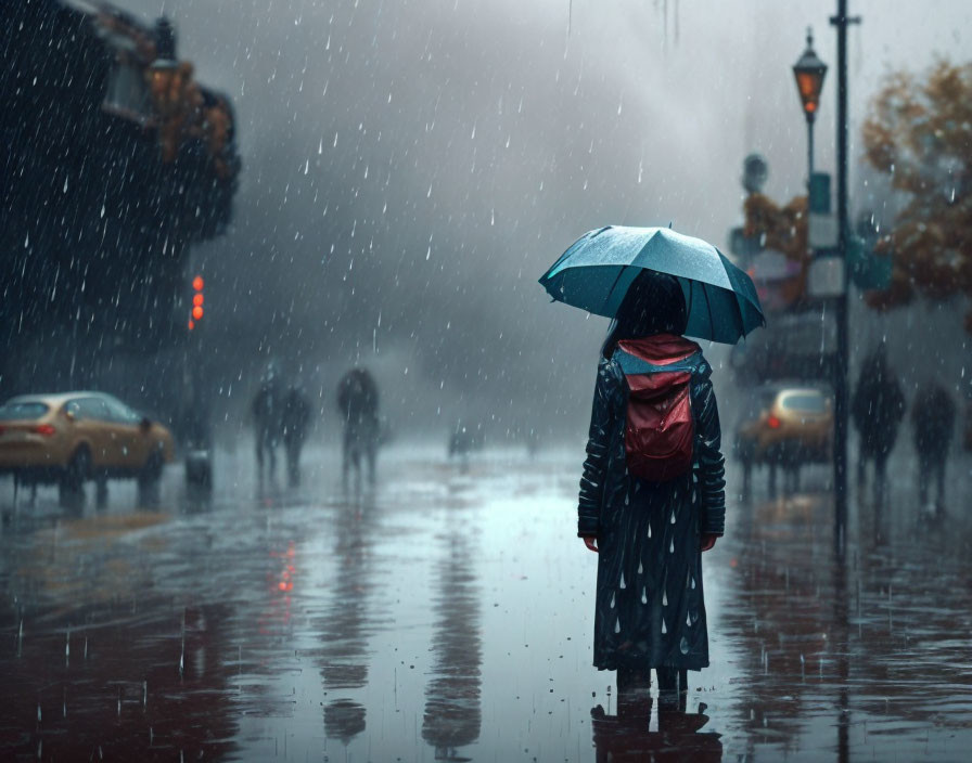 Person with Red Backpack Standing Under Blue Umbrella on Wet City Street