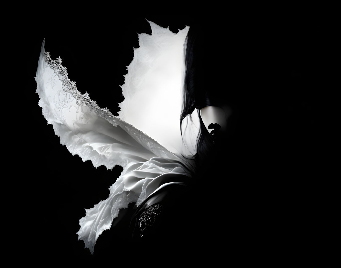 Monochrome silhouette profile with delicate white lace wings on black background