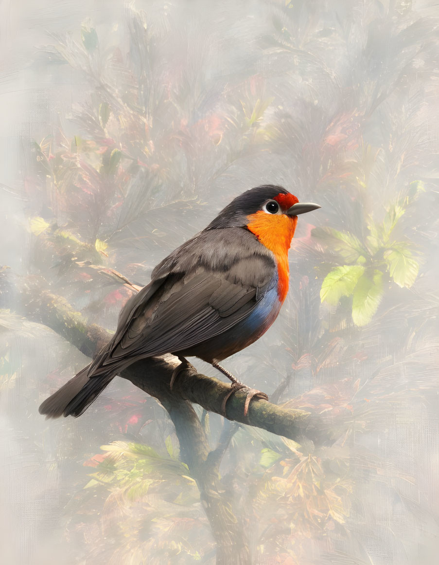 Colorful bird with orange throat and face perched on branch against foliage