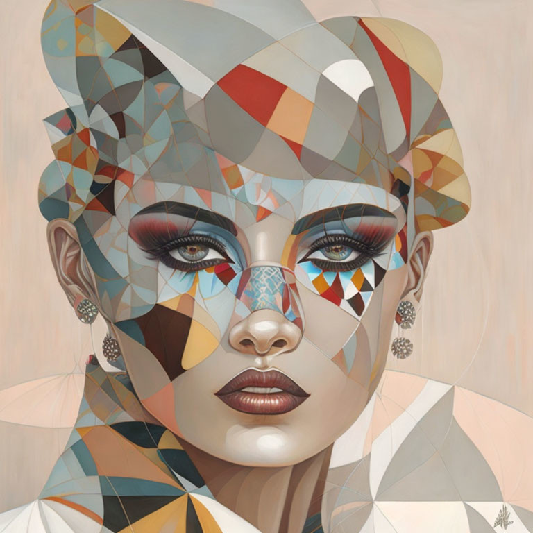 Geometric patterned portrait of a woman with intricate makeup and detailed earrings on soft background