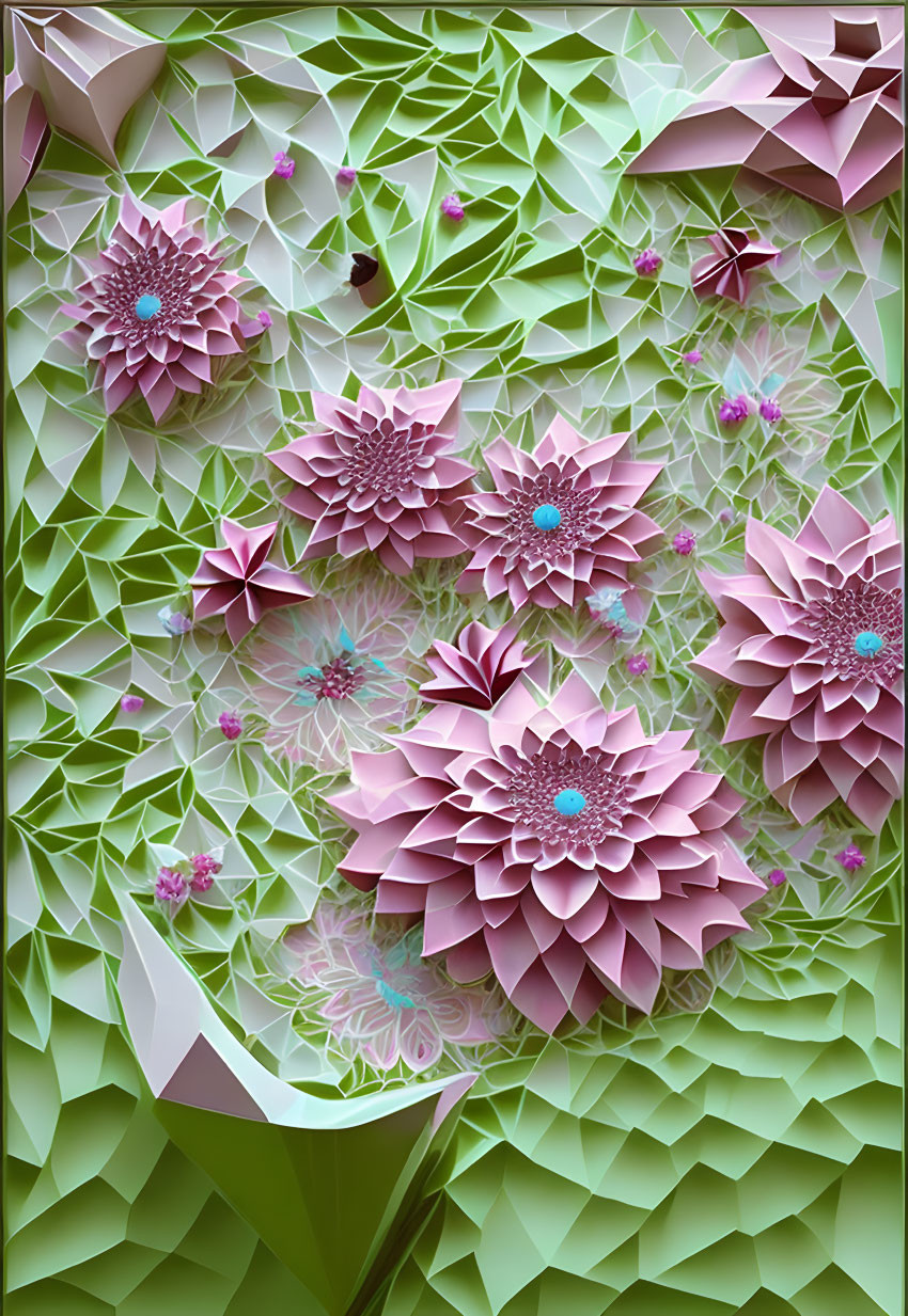 Layered Pink Flowers & Green Foliage: Detailed 3D Paper Art Piece